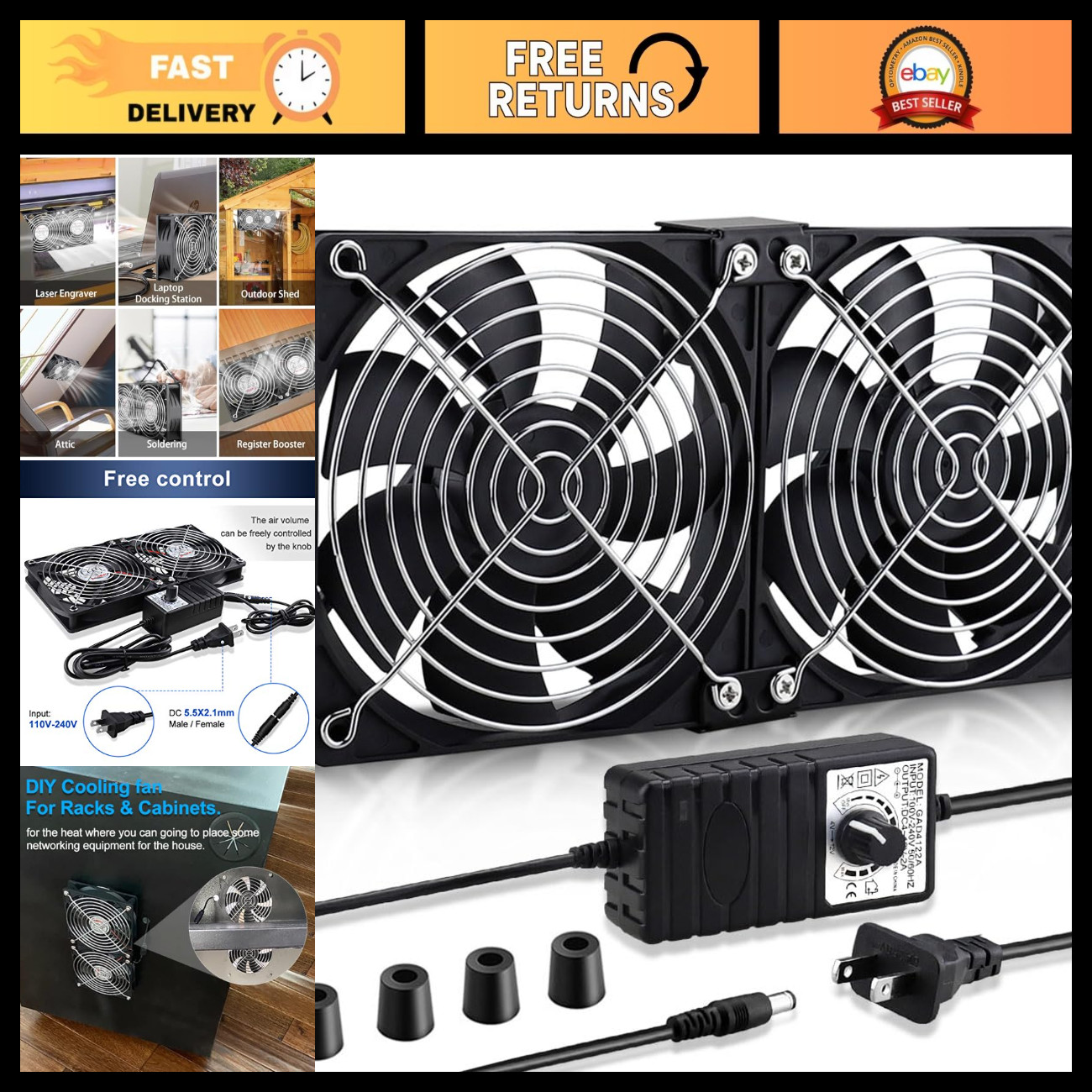 2 Pack 120mm & 240mm Computer Fans with AC Plug - High Airflow Cabinet Cooling