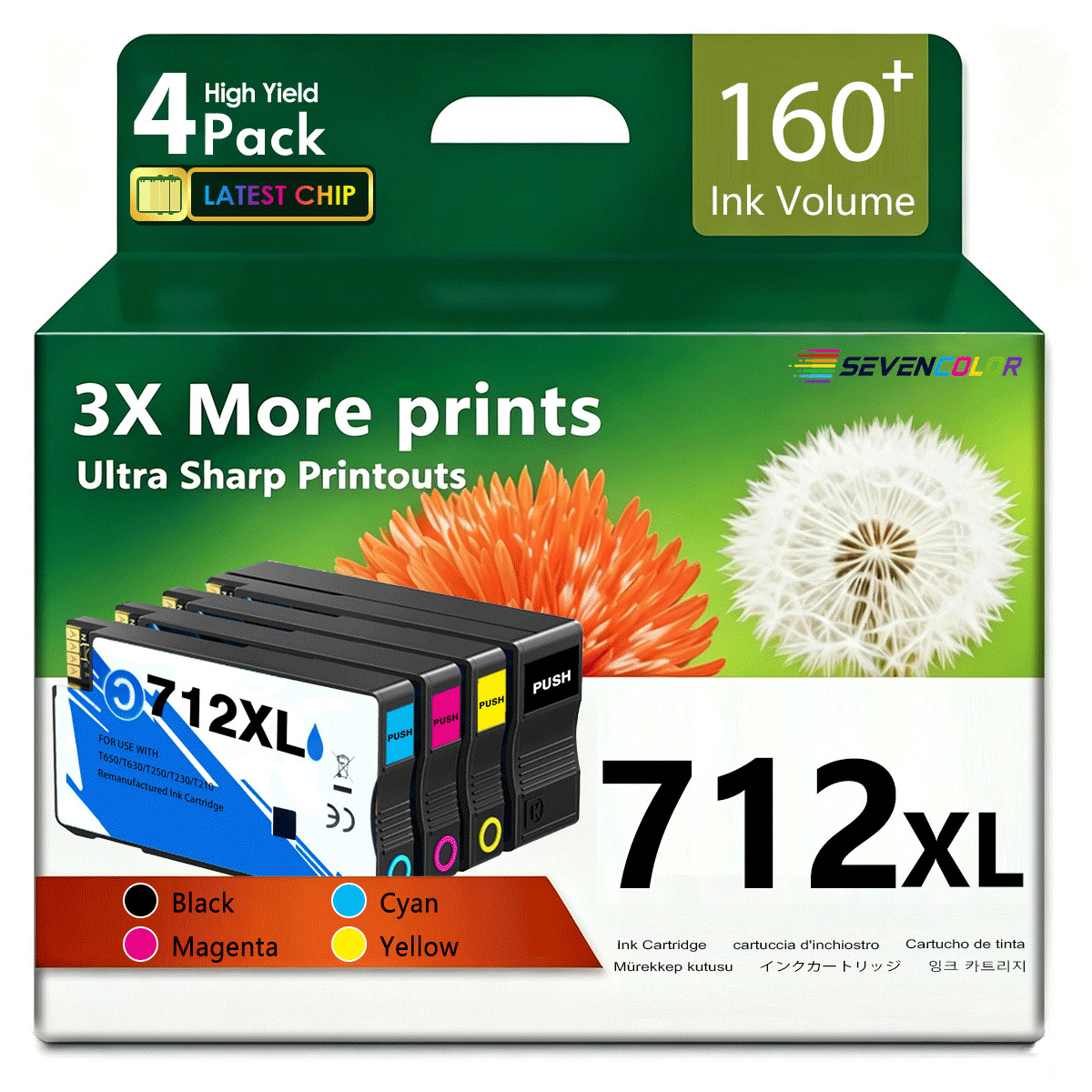 712XL High Yield Ink Cartridges Combo Pack | (4 Color Pack, 80-ml Black + 29-ml)