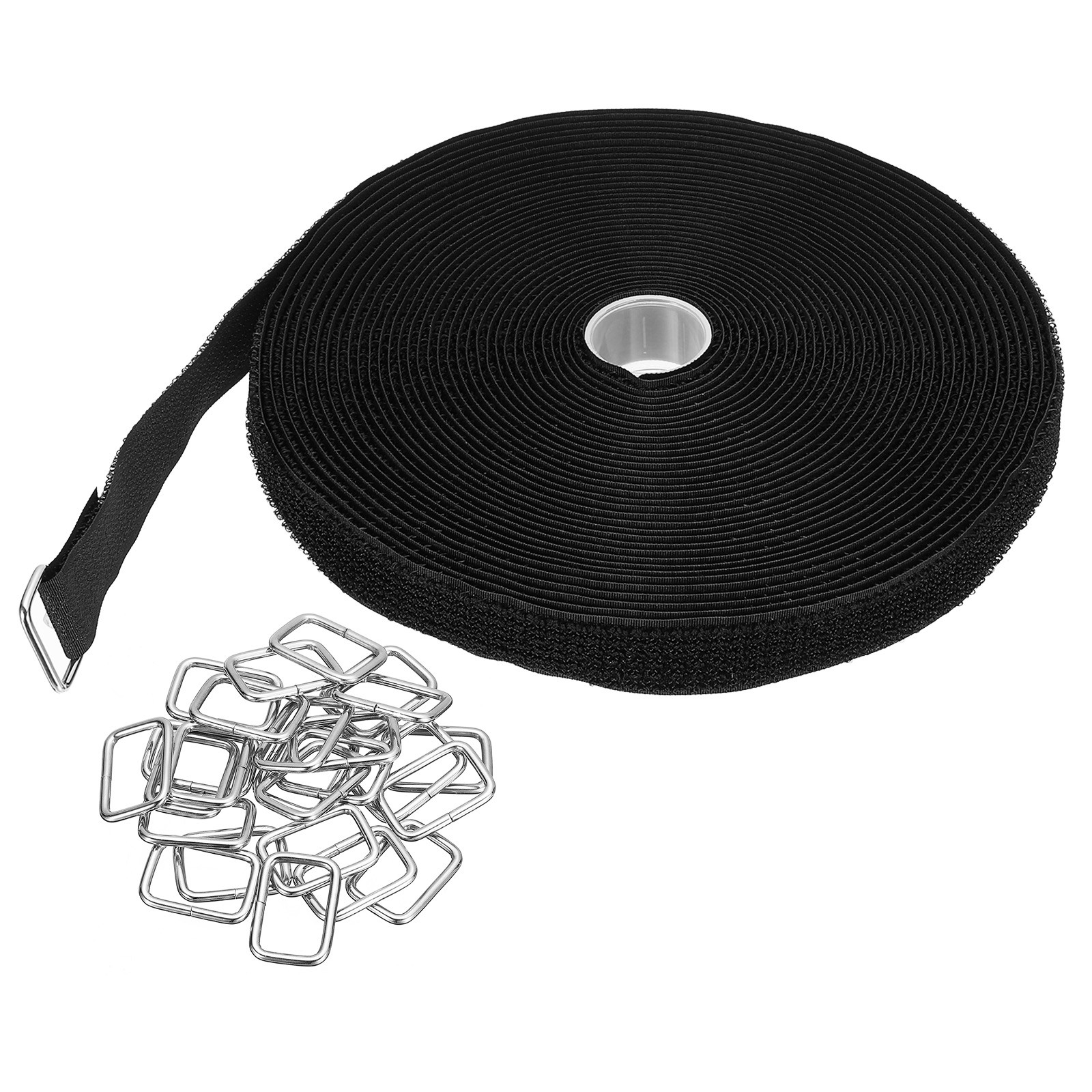 Hook and Loop Straps 0.8 in x 33 Ft with 50pcs Metal Buckle Black