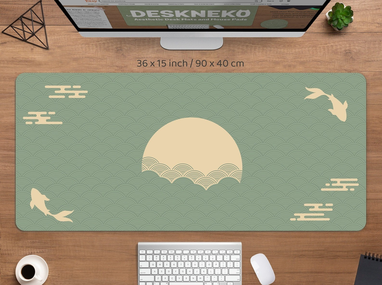 Japanese Desk Mat, Sage green Mousepad aesthetic, Clouds Koi fish sun art Japan