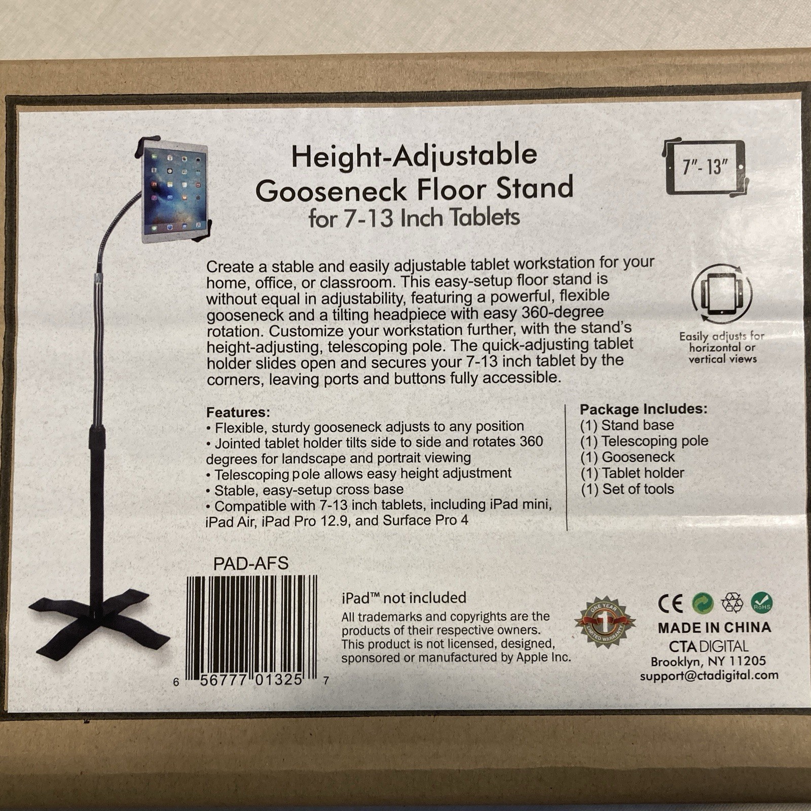 CTA Height-Adjustable Gooseneck Floor Stand for 7"–13" Tablets NEW SEALED IN BOX