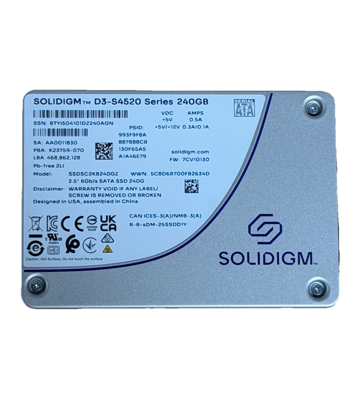 Solidigm D3-S4520 Series 240 GB SSDSC2KB240GZ 2.5” 6Gb/s Sata Solid State Drive