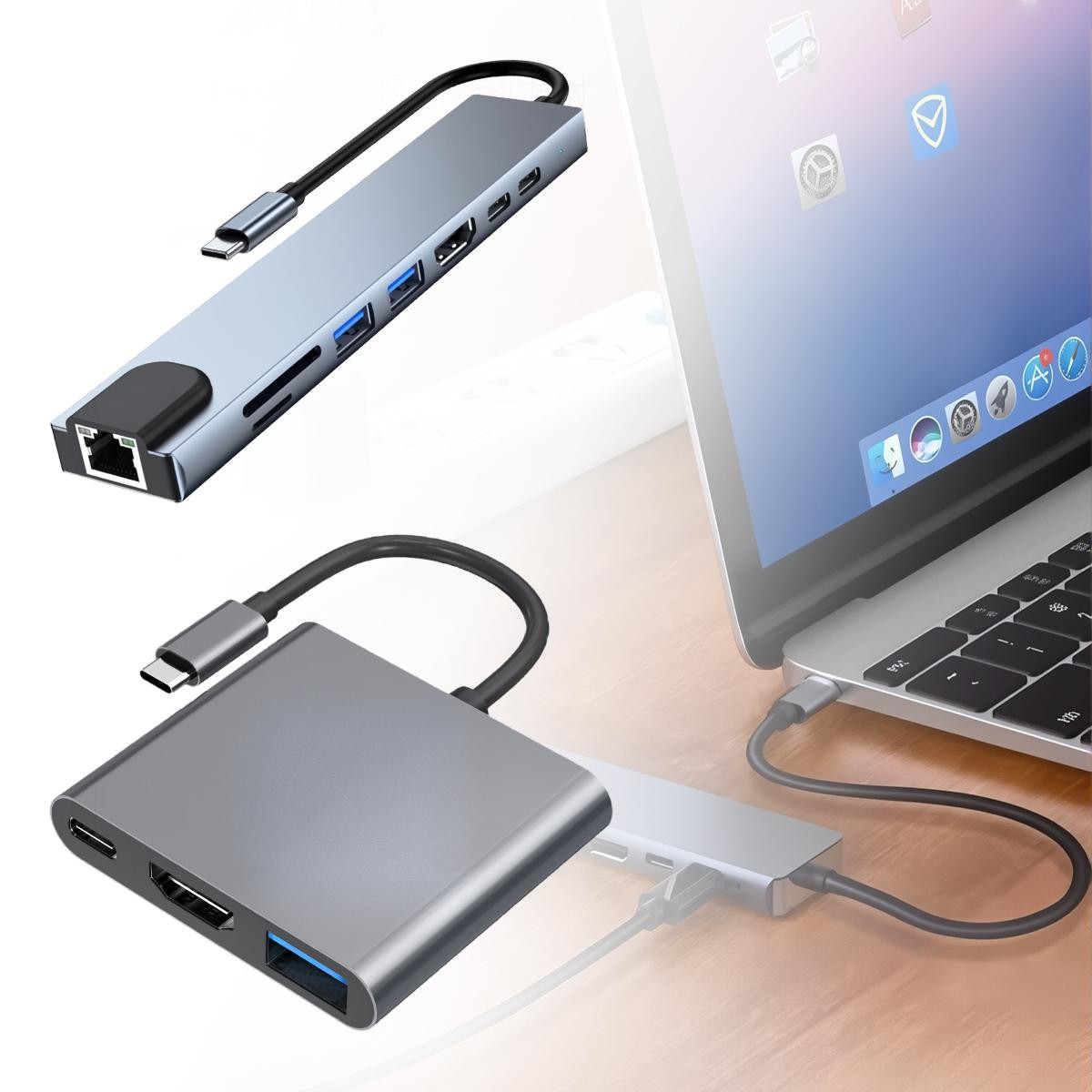 Multiport Aluminum USB C Hub 8-in-1 with HDMI USB3 Ethernet SD TF Card Reader