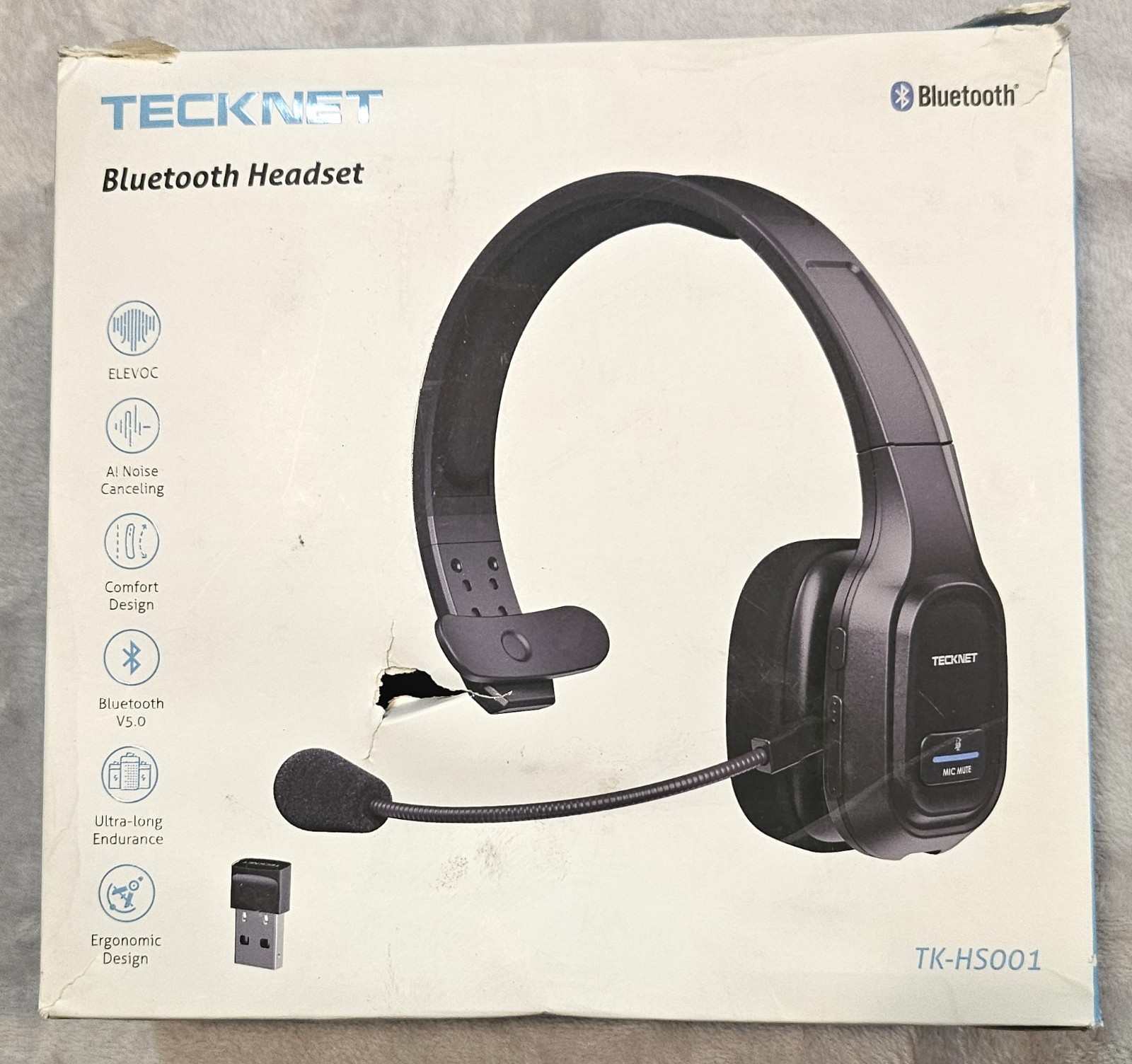 TECKNET TK-HS001 Wireless USB Mono Headset Boom Black