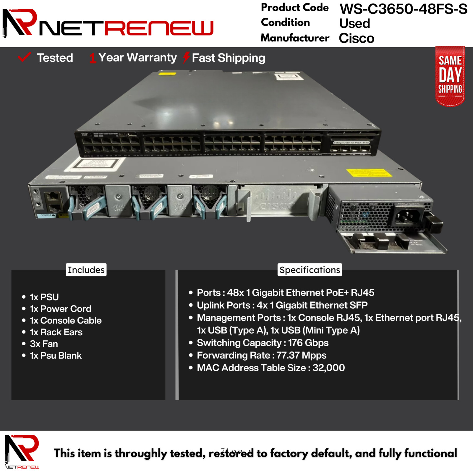 Cisco WS-C3650-48FS-S Switch  48 Port PoE+