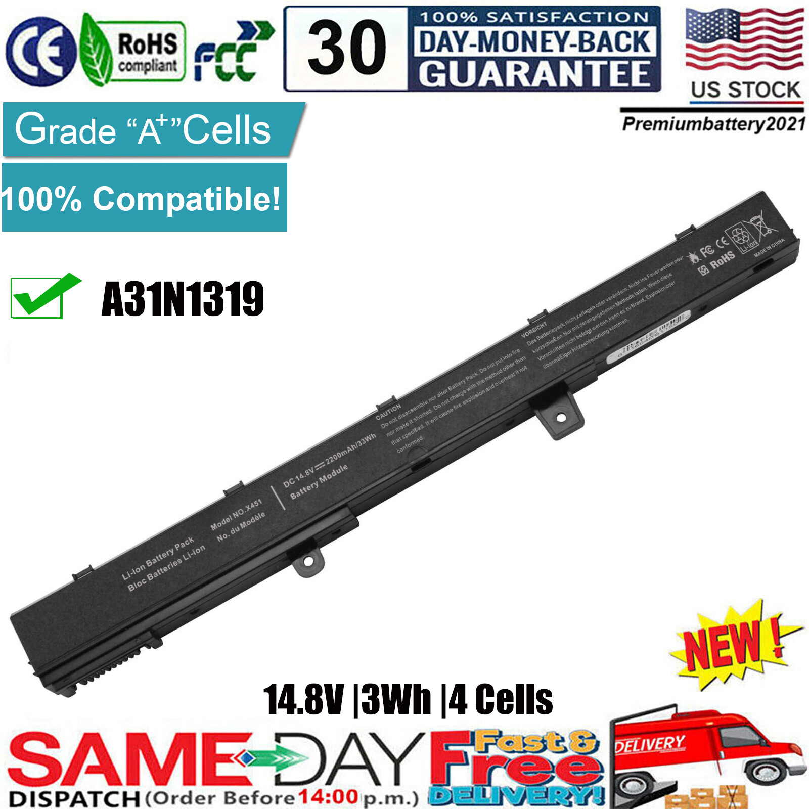 4 Cell Battery for ASUS A31N1319 A41N1308 X451C X551C X551CA X451CA X451 X551 US