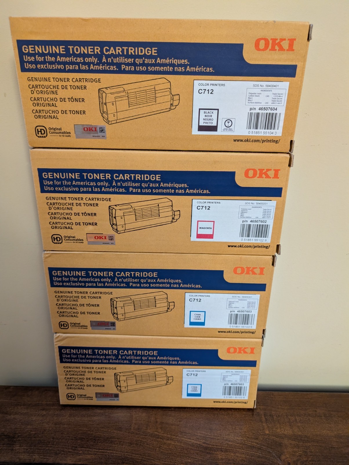 OKI Genuine Toner Cartridge C712 Color Printers Lot of 4 Black Magenta Cyan New