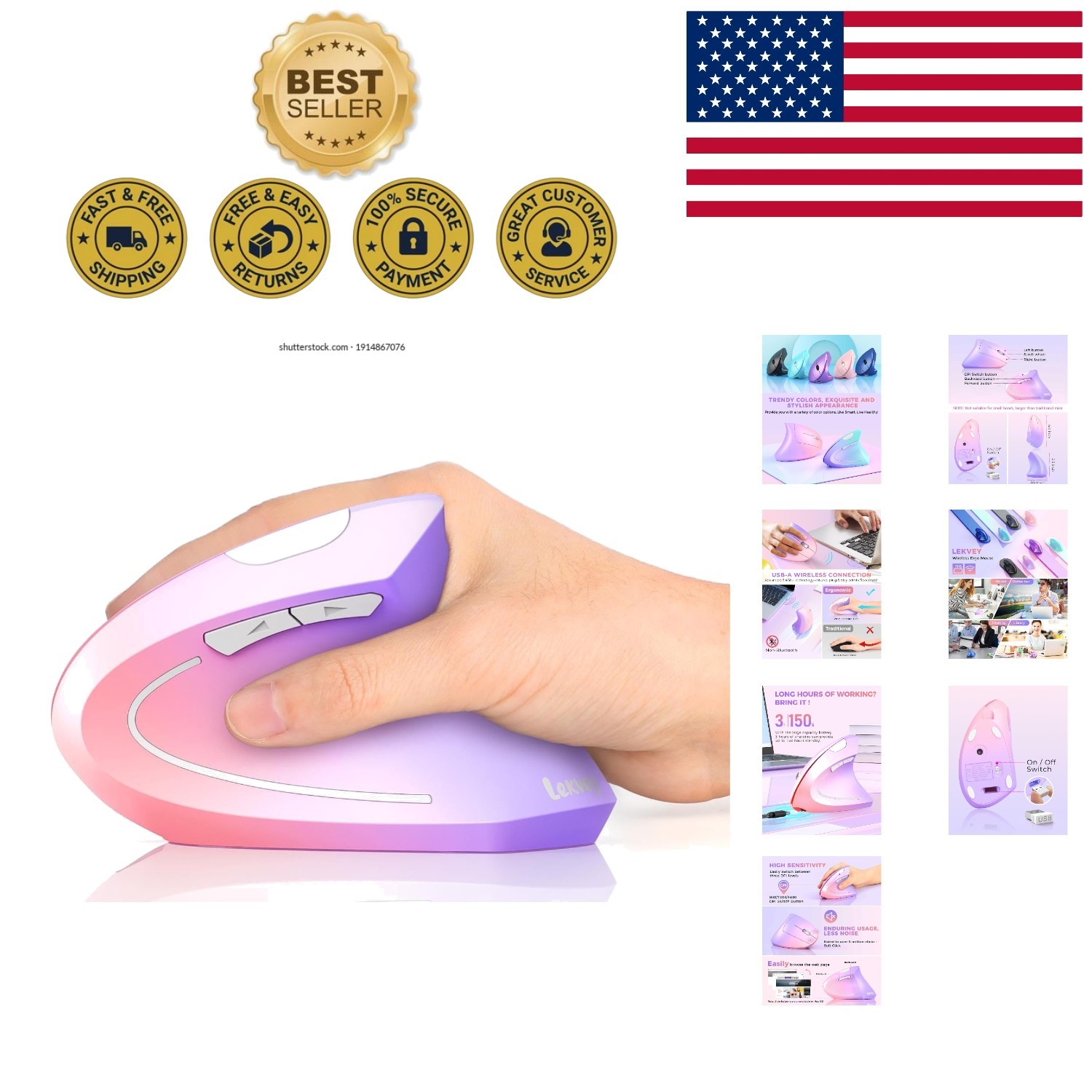 Stylish Vertical Ergonomic Mouse with Wireless Comfort - 800-1600 DPI Capability