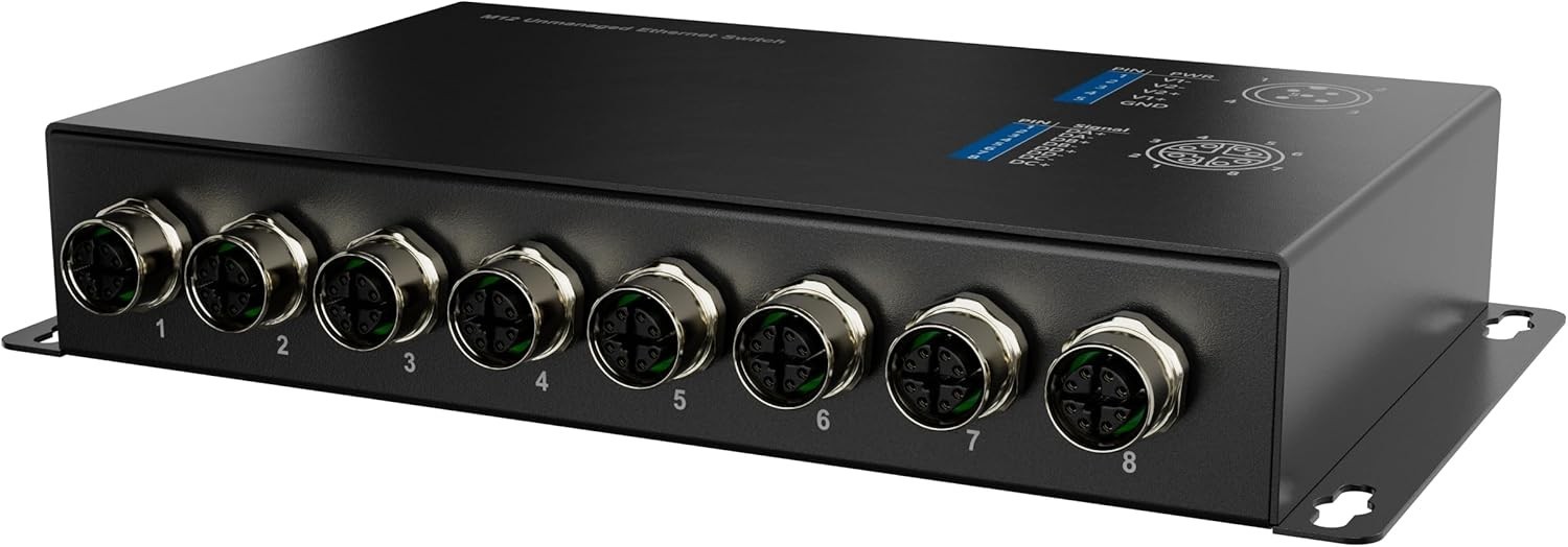 M12 8-Port Gigabit PoE Industrial Ethernet Switch, Dual Power 12–57V DC