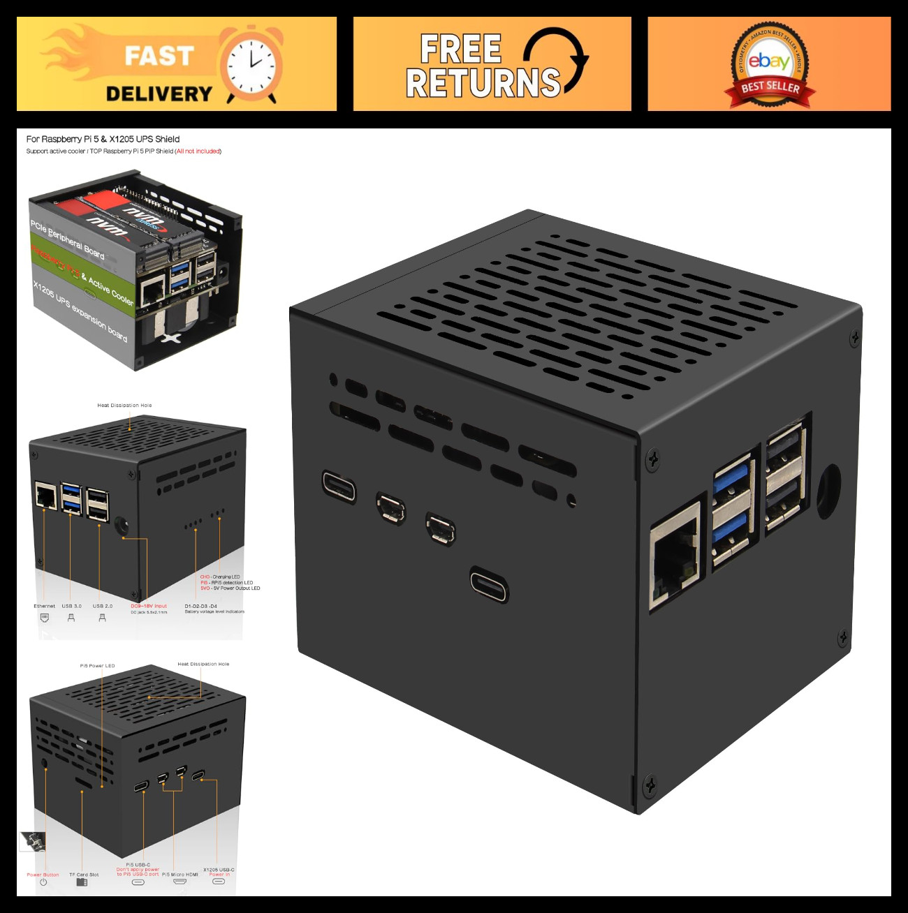 Metal Case for Raspberry Pi 5, UPS, Active Cooler & PCIe Expansion - X1205 Serie