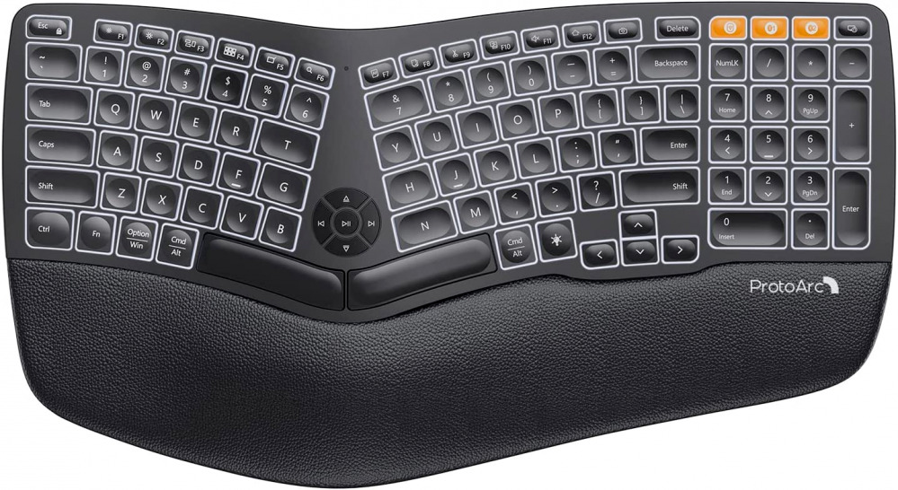 Backlit Wireless Ergonomic Keyboard, ProtoArc EK01 Bluetooth Ergo Split Black