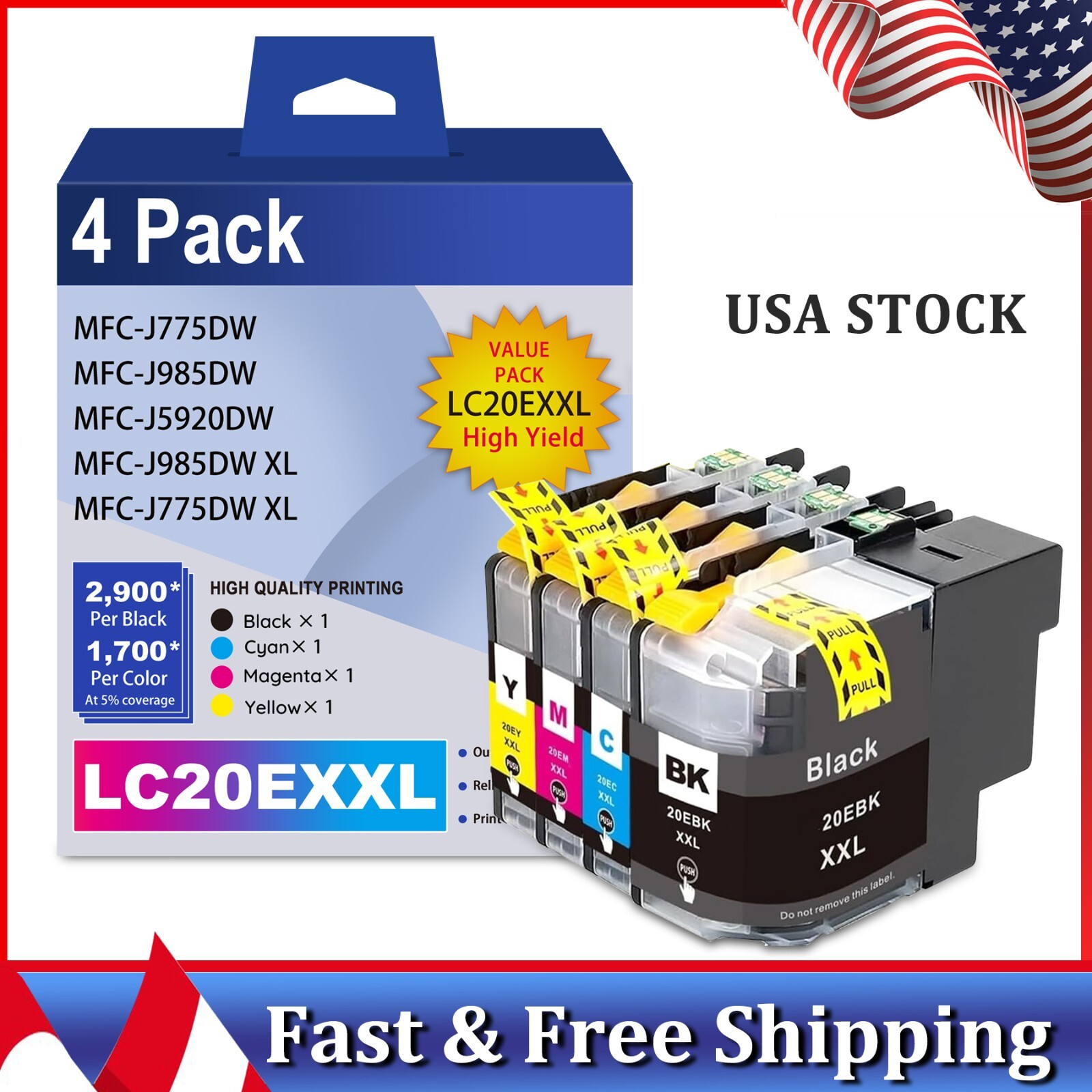 LC20EXXL 4PK Ink Cartridges for Brother MFC-J985DW J775DW J5920DW Printers