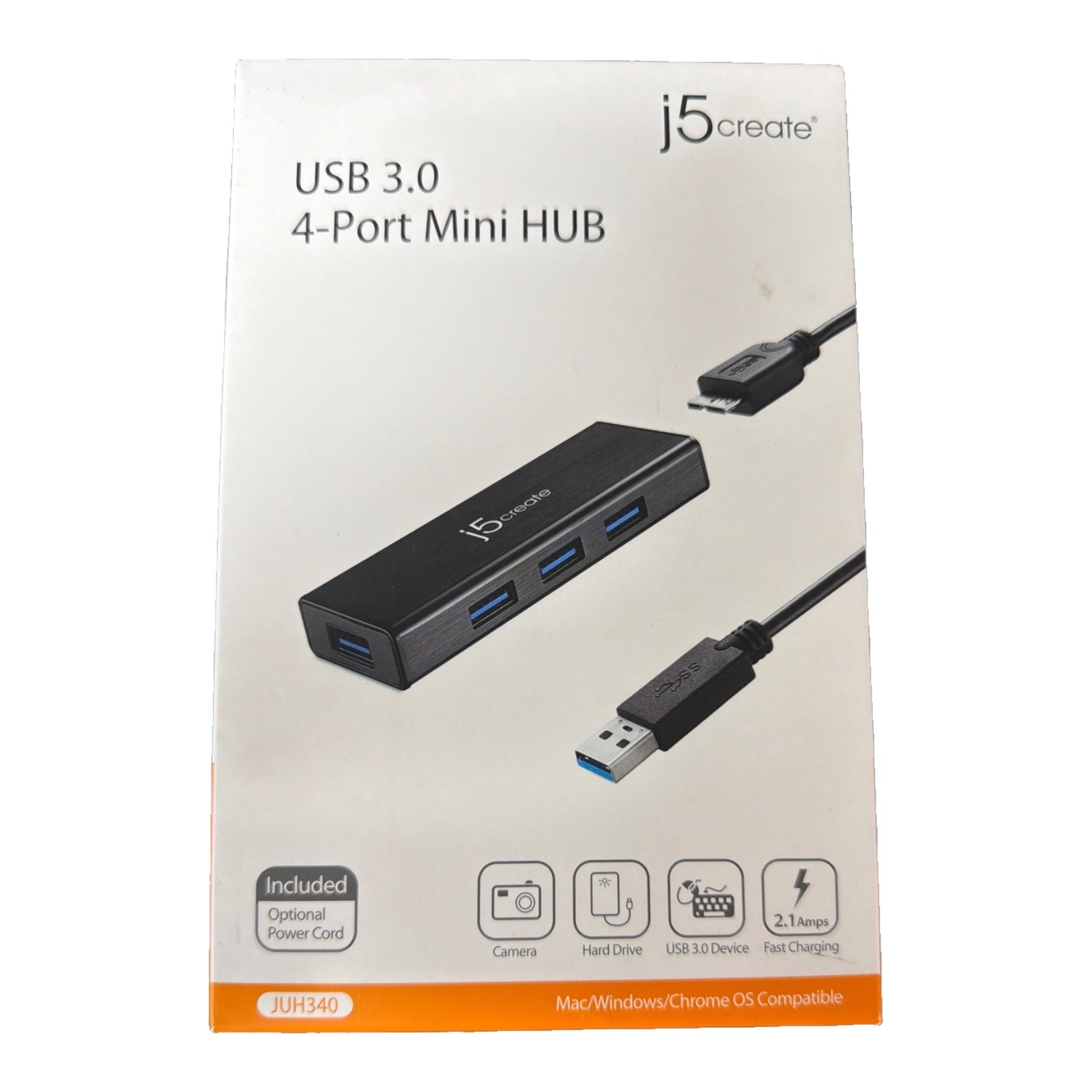 j5create JUH340 USB 3.0 4-Port Mini Hub Black w Power Port