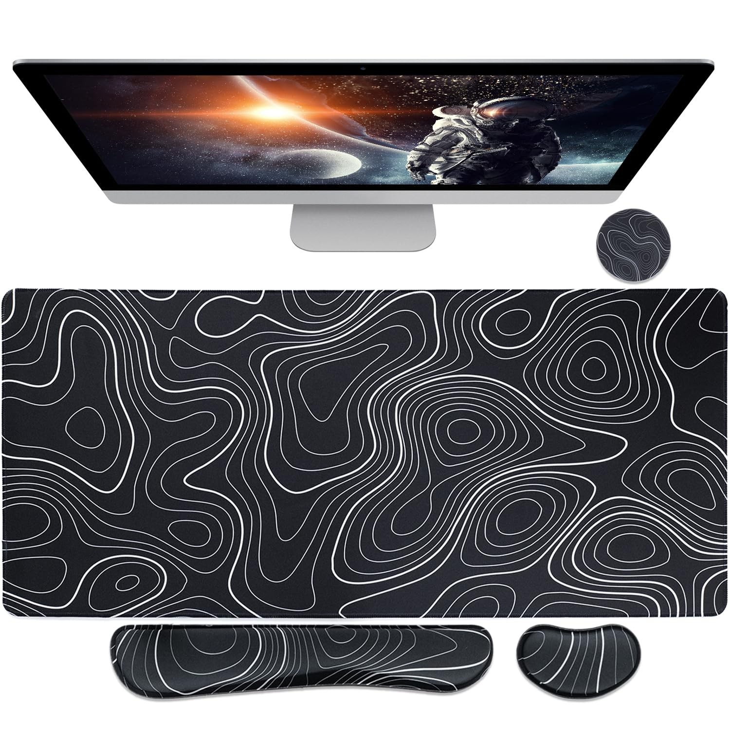 Large Gaming Mouse Pad XL 4In1 Wrist Rest Black White Topo 31.5x15.7x0.12 In
