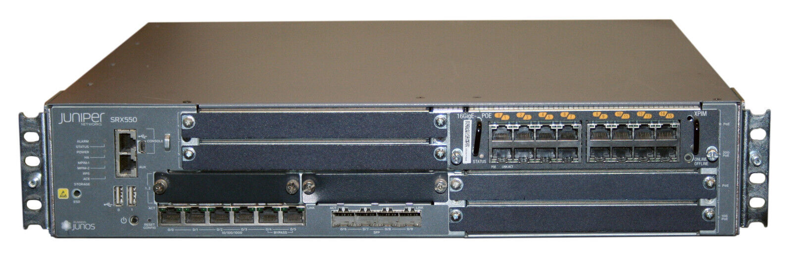 Juniper SRX550 Services Gateway Firewall w/ SRX-GP-16GE-POE, Dual PSU