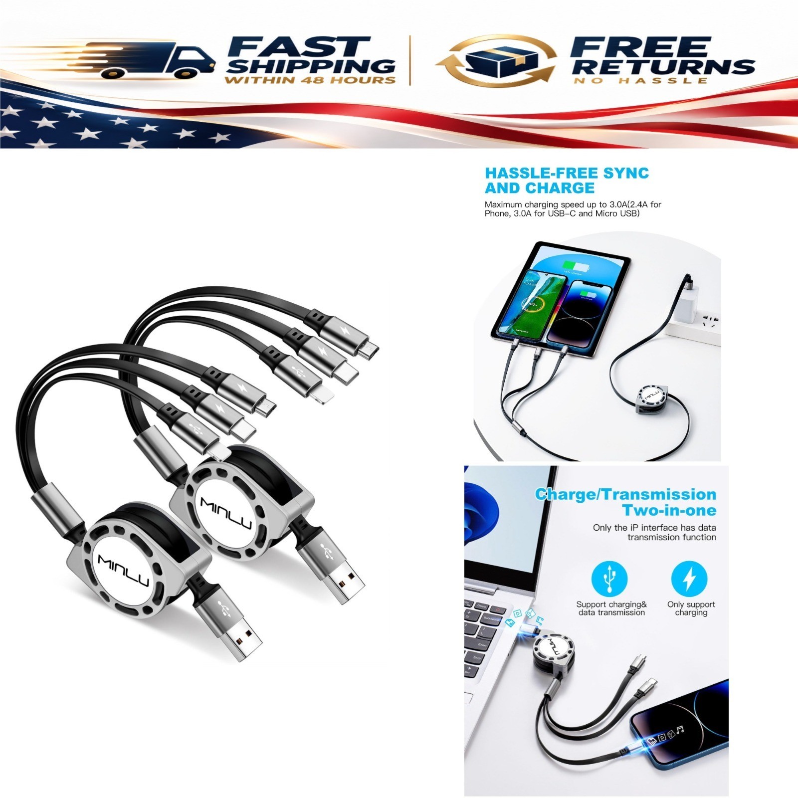 Minlu 3 in 1 Retractable Multi Charging Cable 3A USB-C Micro-USB Lightning