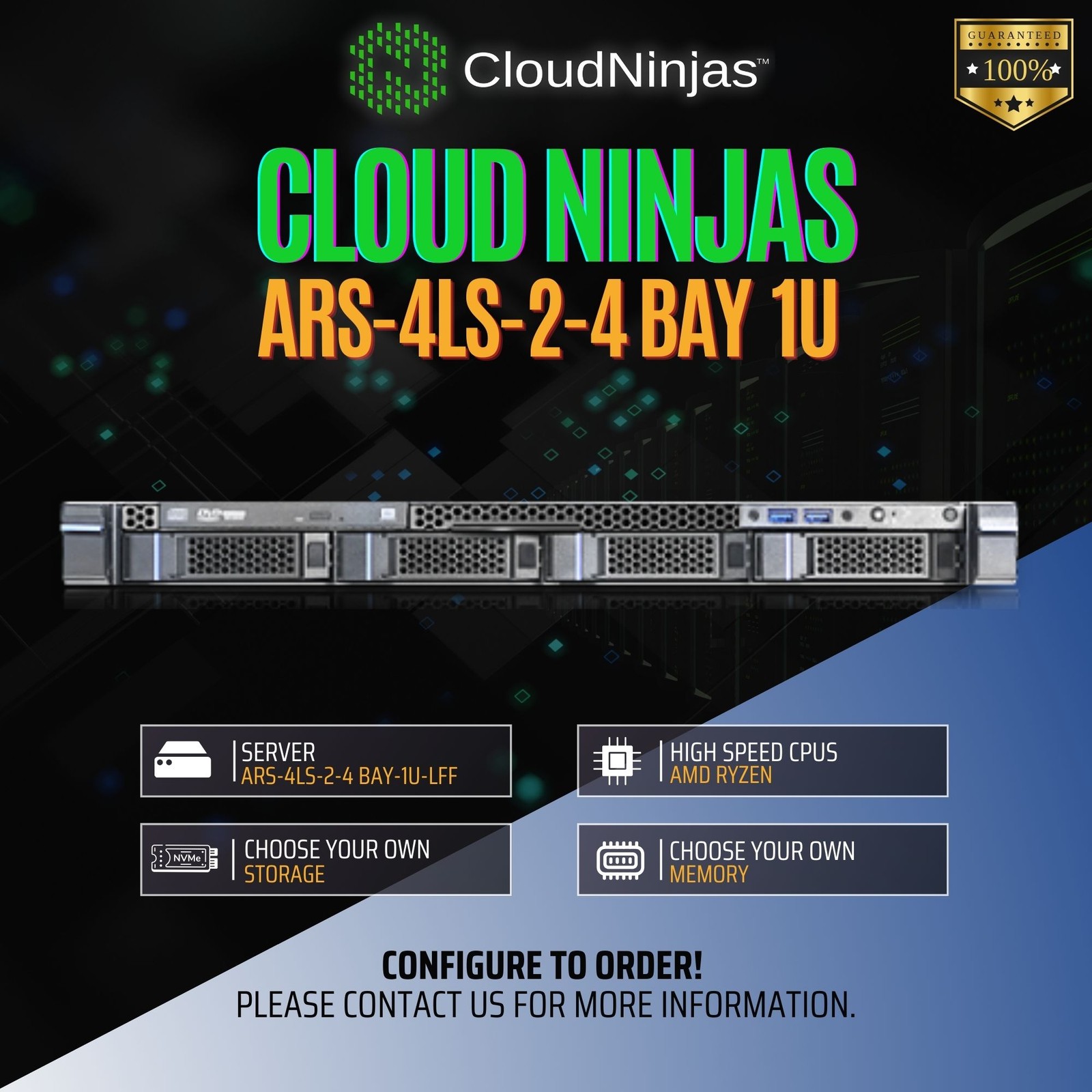 Cloud Ninjas ARS-4LS-2 4 Bay 1U Server AMD Ryzen 9 7950X 16 Core DDR5 ECC NVMe