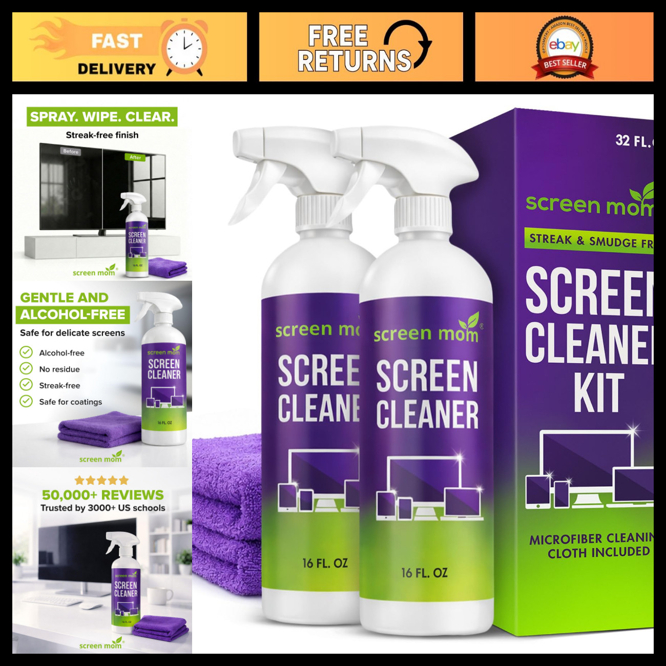 Screen Cleaner Spray 2 Pack - 16oz for TV, Laptop, Computer & Car - Streak-Free