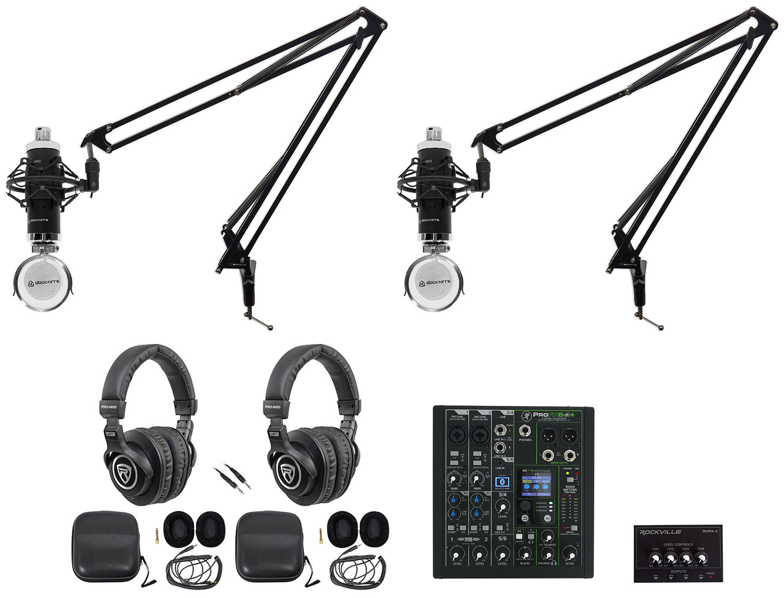 2-Person Podcast Podcasting Recording Kit w/Mackie ProFX6 v3+ Mixer+Boom Arms