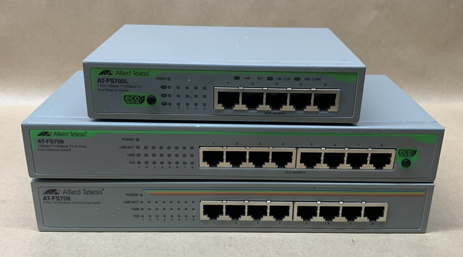 LOT OF 3 - Allied Telesyn AT-FS708 8 Port + AT-FS705L 5 Port Ethernet Switch