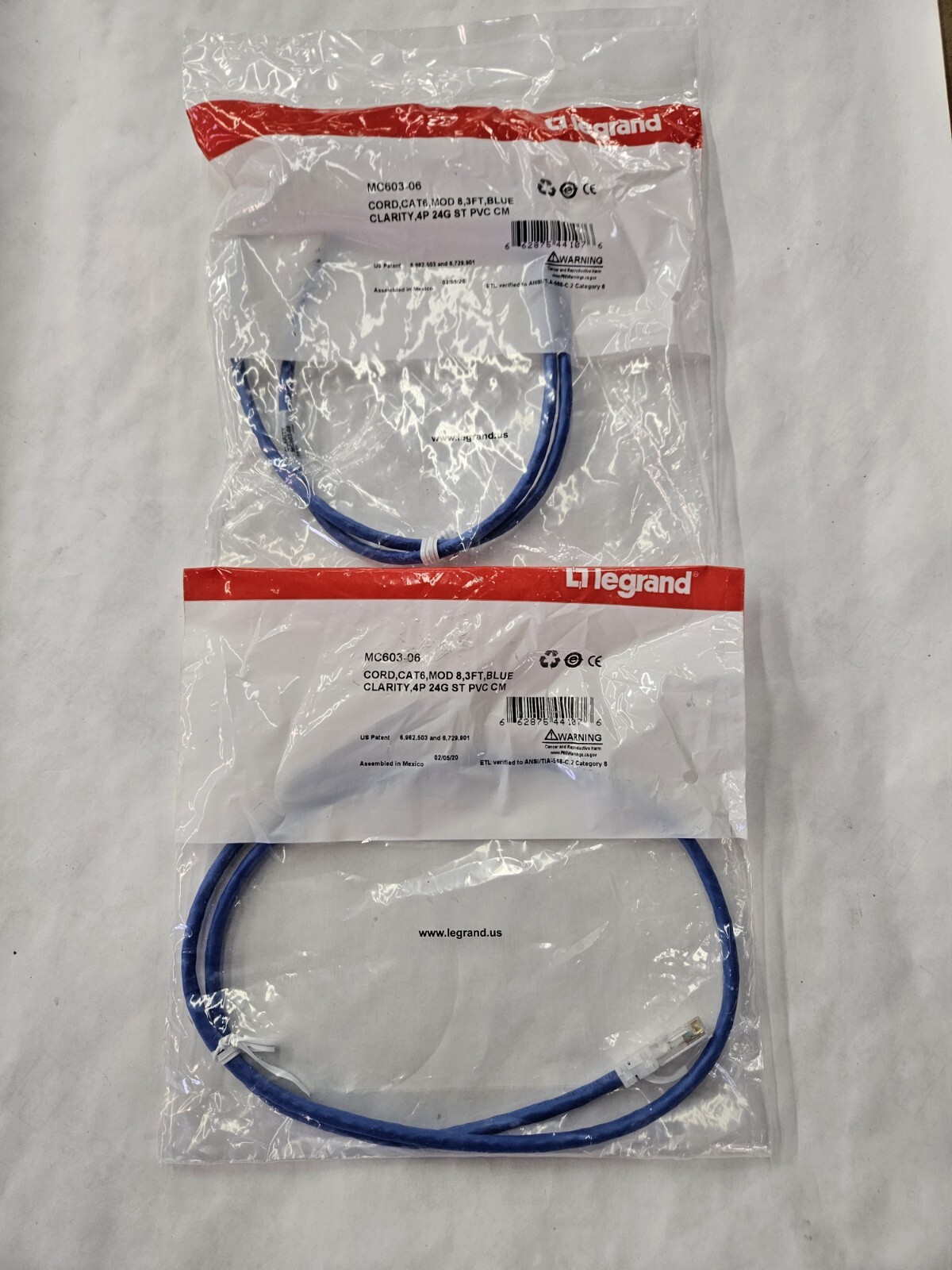 (6) Legrand -MC603-06 - Clarity Cat 6 UTP Modular Patch Cord, 3 FT, Blue