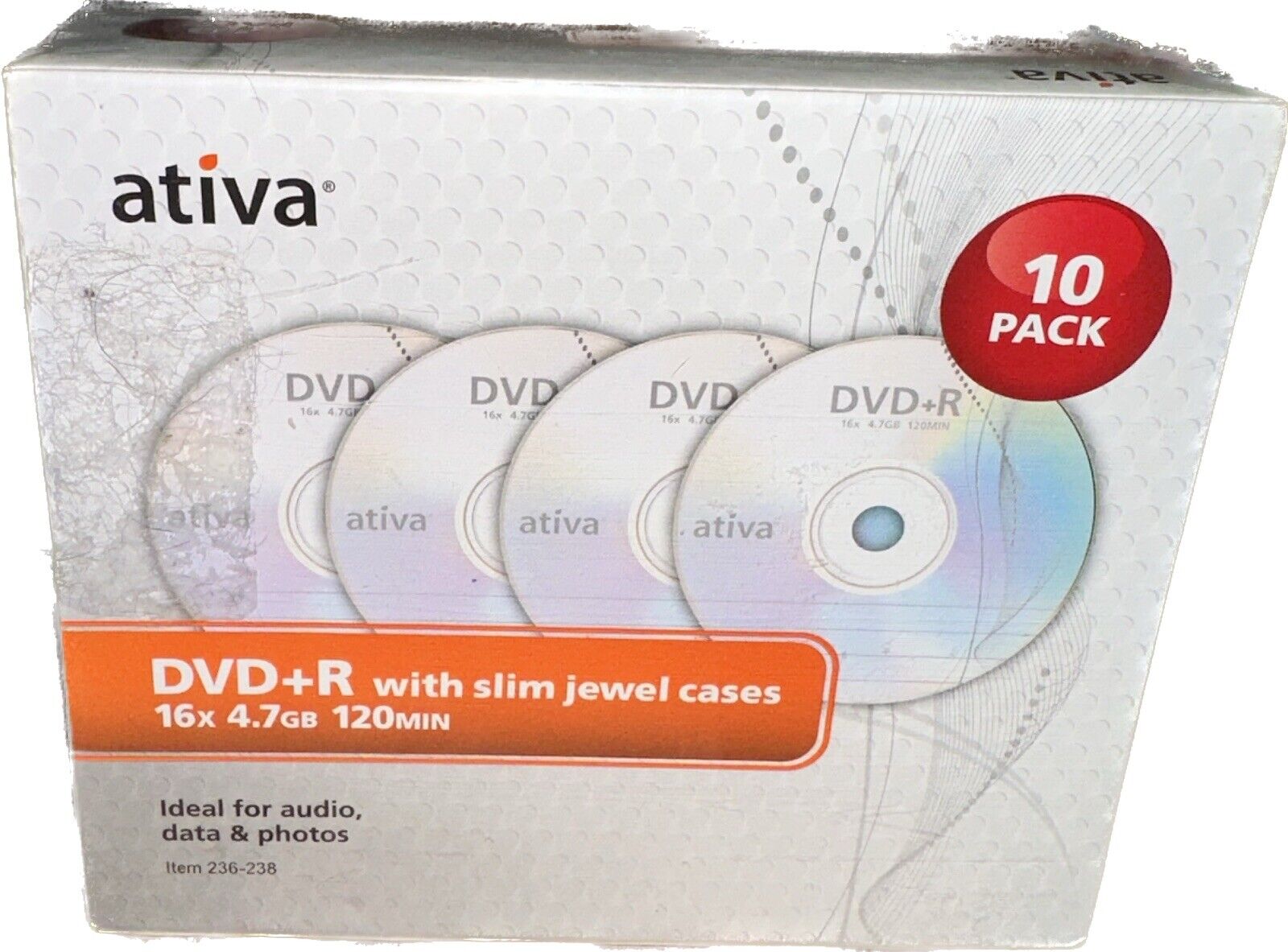 Ativa DVD+R Discs With Slim Jewel Cases16X 4.7GB 120 Min Factory Sealed 10 Pack