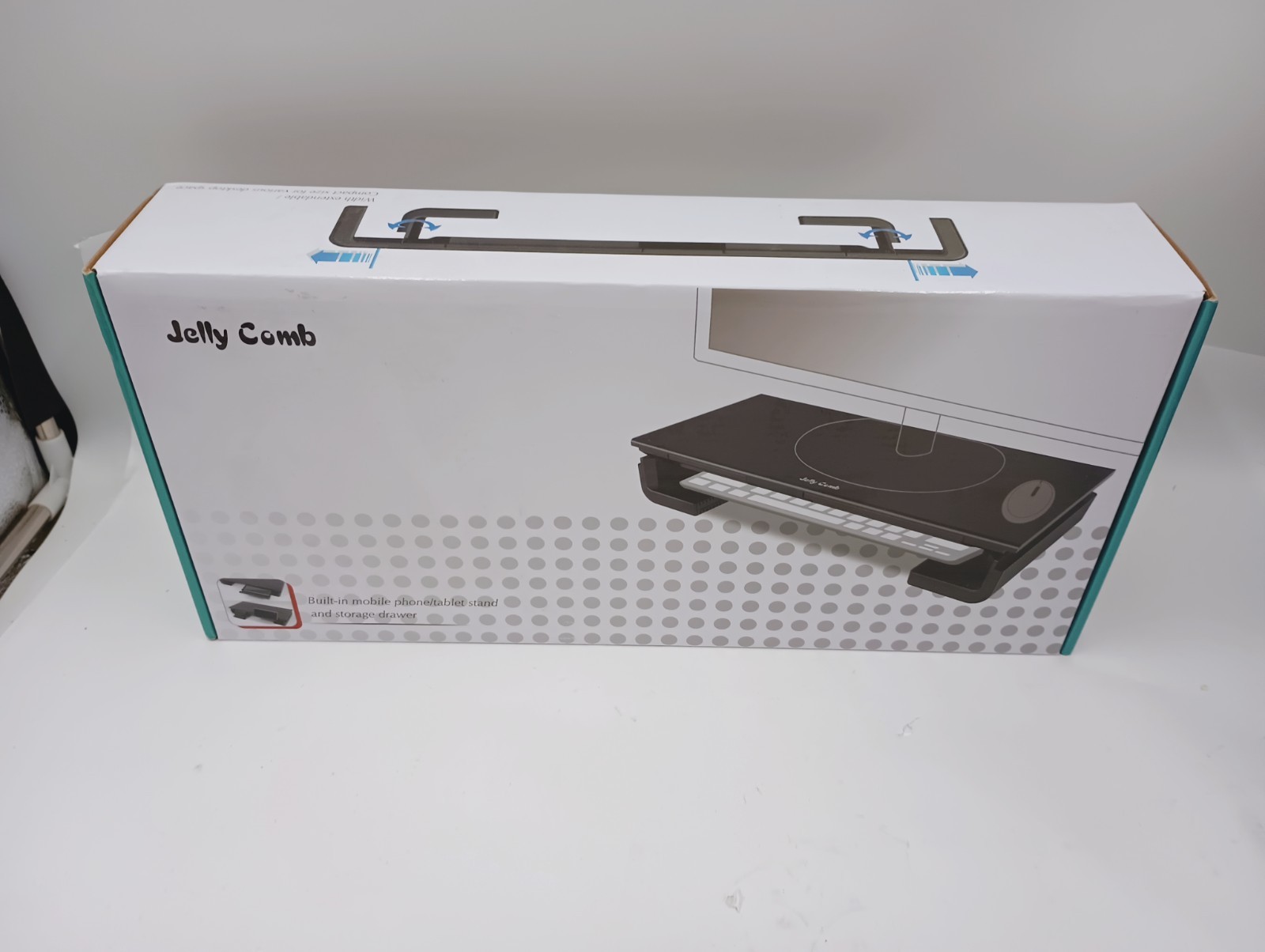 JELLY COMB WHITE ADJUSTABLE WIDTH PC MONITOR RISER W/PHONE/TABLET STAND & DRAWER