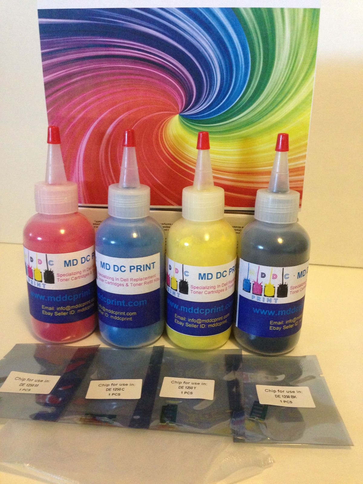 Dell 1250 Laser Printer CYMK Toner refill Kit + 4-Resetting Chips.