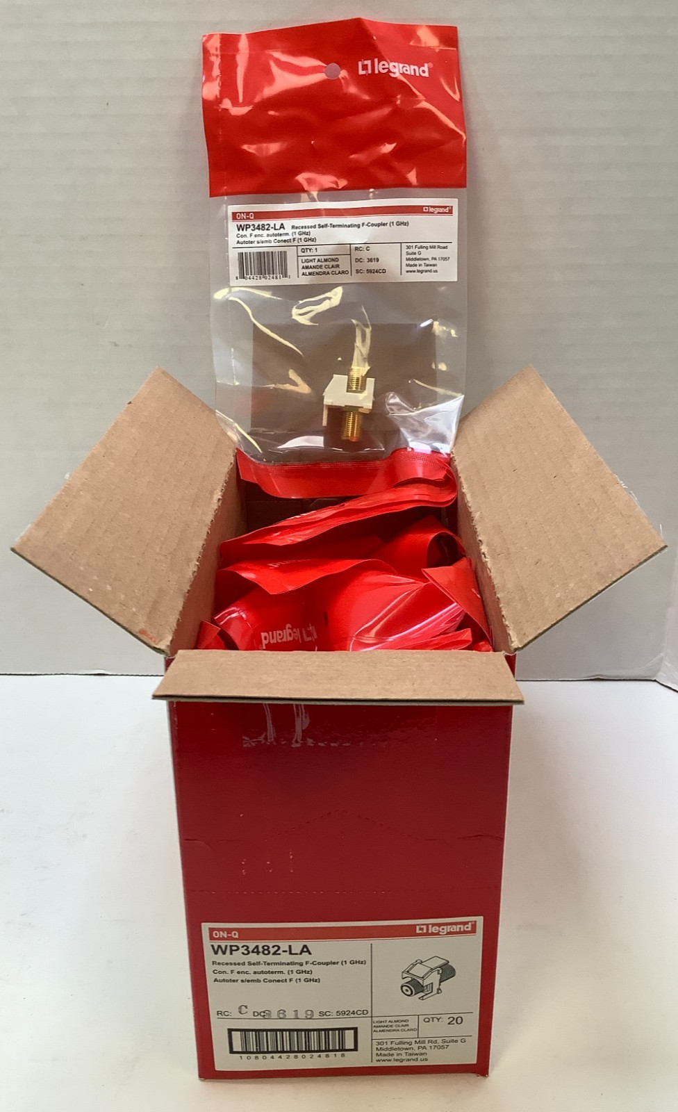 Legrand WP3482-LA Recessed Keystone Self-Terminating F-Connector, Almond, 20ct