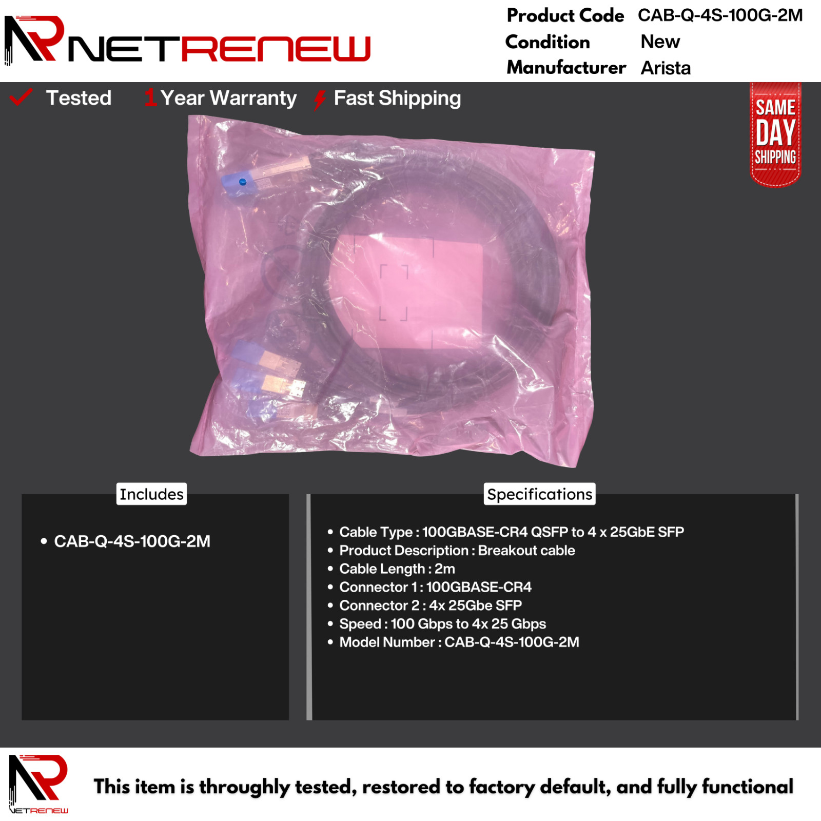 NEW Arista CAB-Q-4S-100G-2M DAC Cable 2 Meters