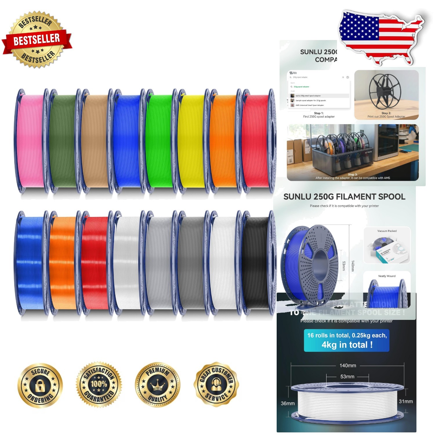 Multicolor PLA Filament 3D Printer 16 Spools 4KG 1.75mm Vacuum Sealed Value Pack