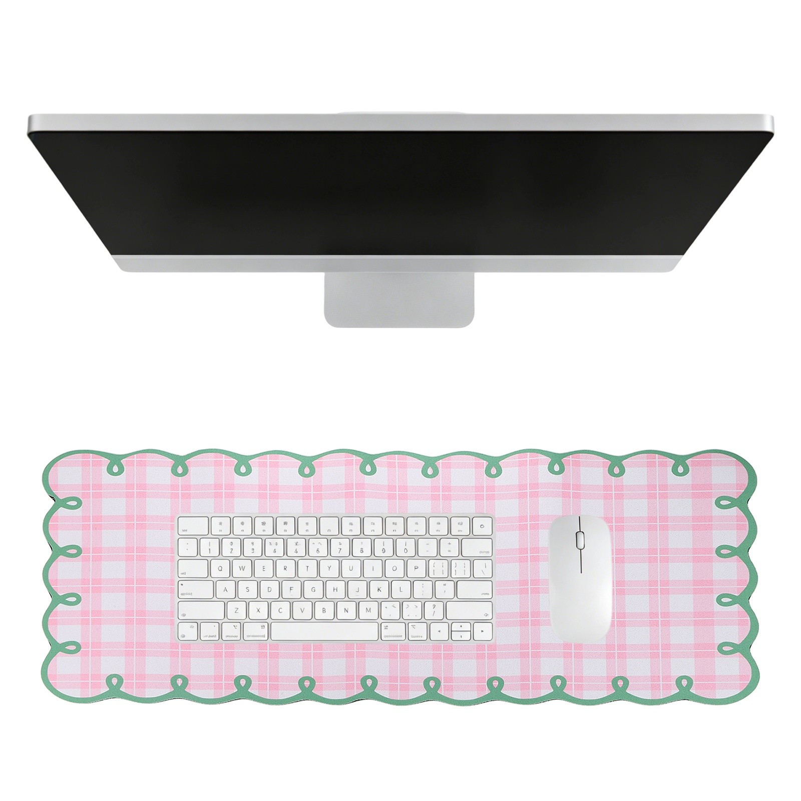 Scalloped Desk Mat, 31.5 x 11.8" Checkered Large Mouse Pad, Pink Green