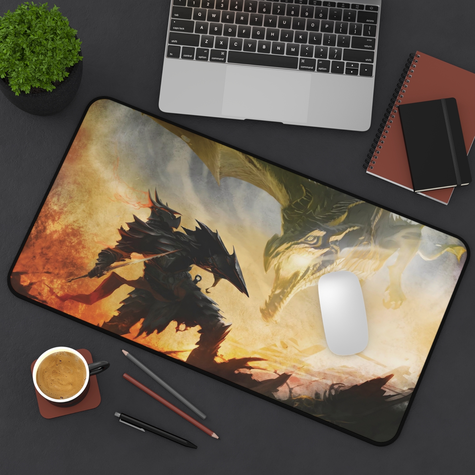 Desk Mat&Mouse Pad:Skyrim, Elder Scrolls V,Dragon vs Dragonborn,Daedric Armor