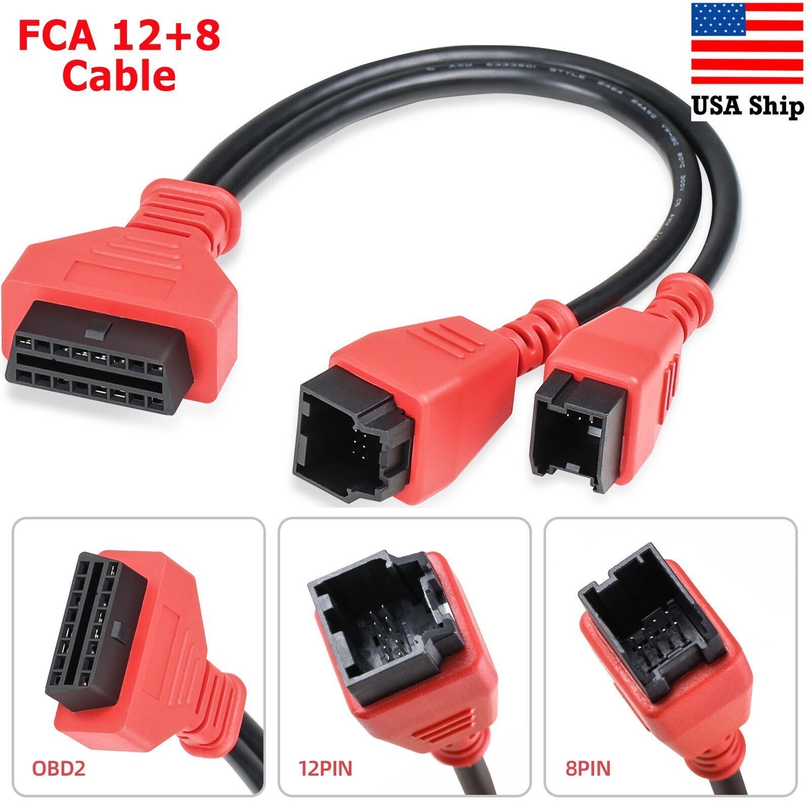 Red FCA 12+8 OBD 12P+8P Cable Adapter Fits Chrysler Dodge USA FCA