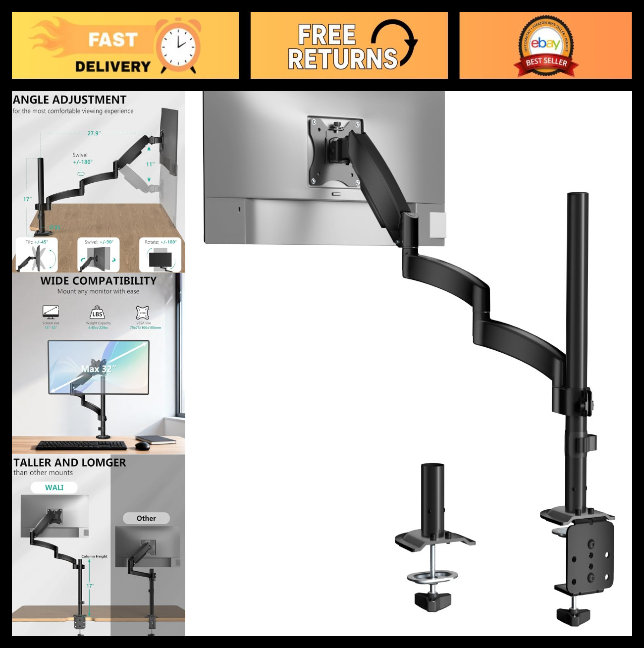 Adjustable Long Monitor Arm Desk Mount for 13-32" Screens, Full Motion VESA 75/1