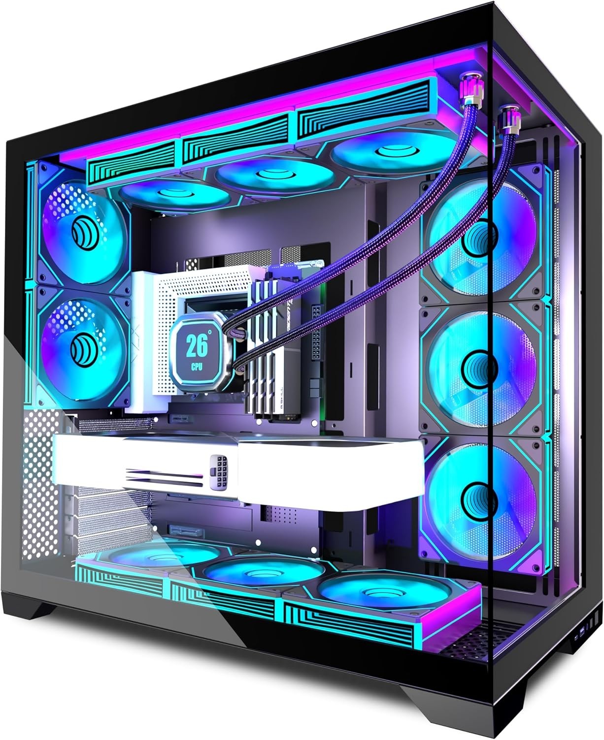 PC CASE 9 PWM ARGB Fans Pre-Installed, Mid-Tower Gaming PC Case, Panoramic Temp