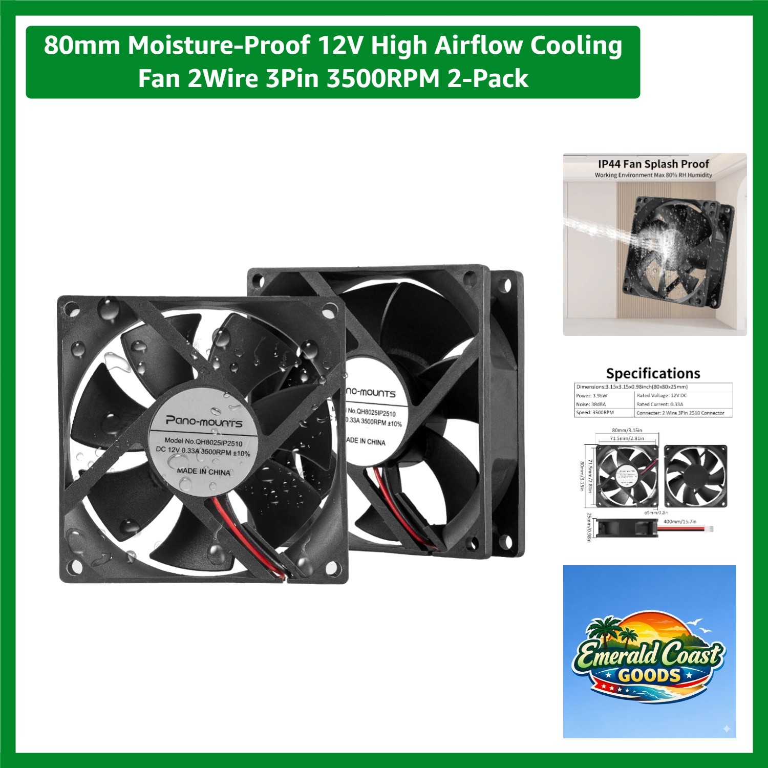 80mm Moisture-Proof 12V High Airflow Cooling Fan 2Wire 3Pin 3500RPM 2-Pack