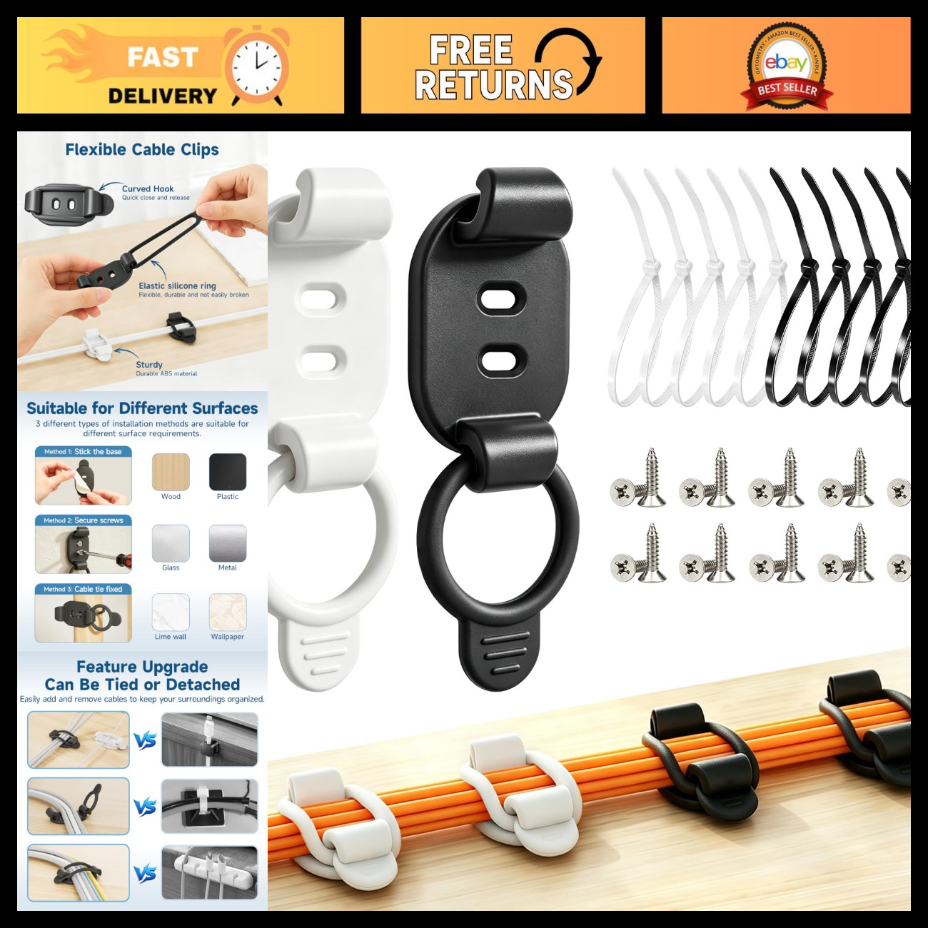 20 Adjustable Cable Management Clips - Self Adhesive Cord Organizers, Reusable f