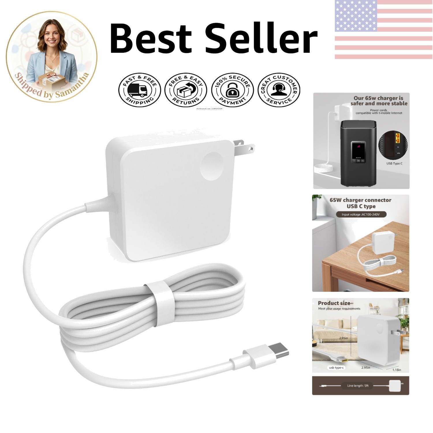 T-Mobile 5G Power Cord with Short Circuit Protection - 65W Efficient Adapter