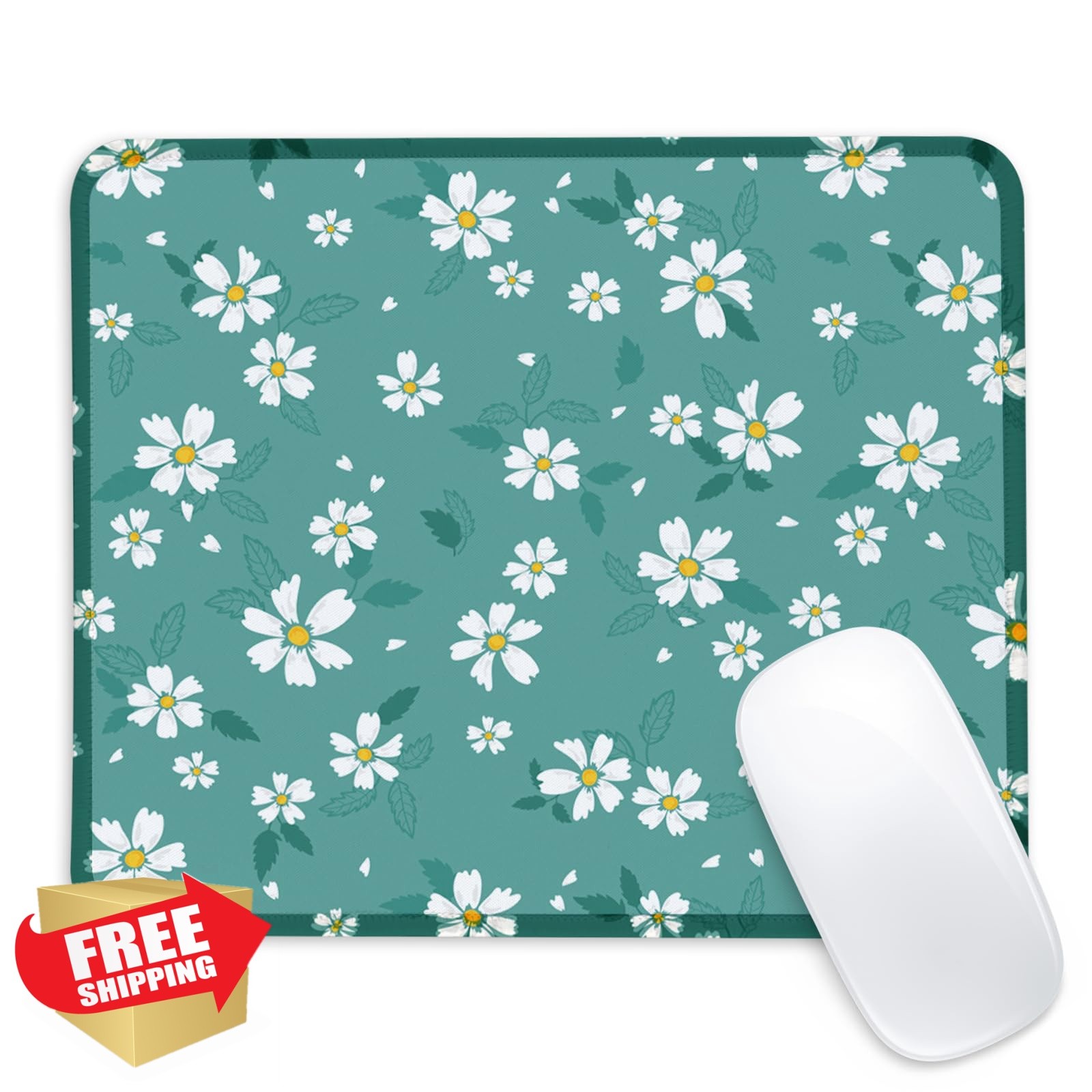Green and White Flower Square Mouse Pad with Non-Slip Rubber Base,Home Office...