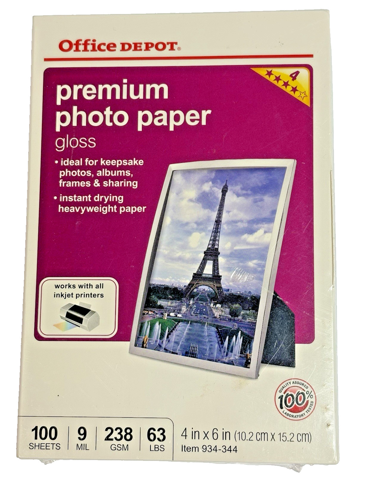 Office Depot Premium Photo Paper Glossy 100 Sheets 9 Mil 4x6 Item #934344 Sealed