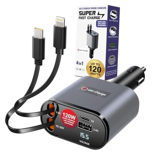 Ulti Charge iPhone Car Charger USB C Fast Charge Retractable Lightning & USBC