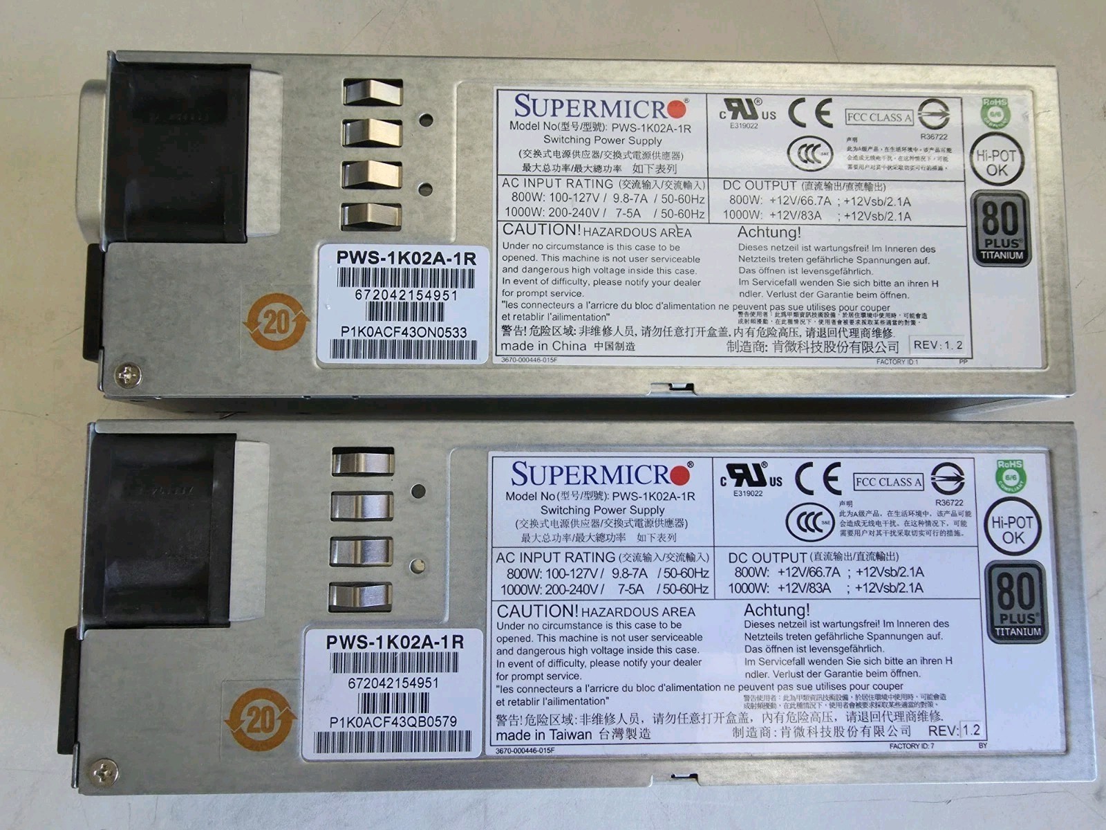 2-PACK SuperMicro PWS-1K02A-1R 1000W 1U Redundant Power Supply