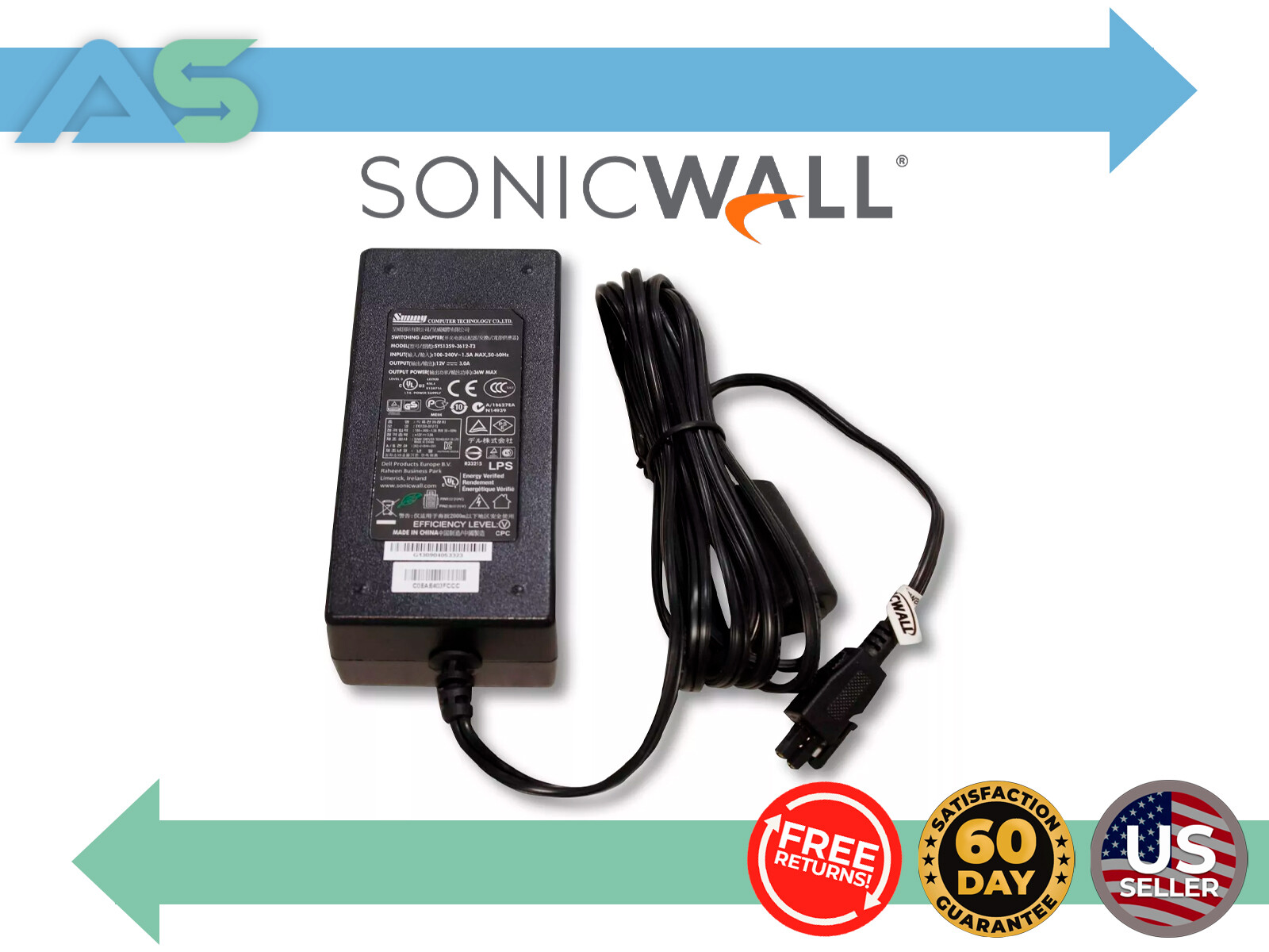 NEW Genuine SonicWall Power Supply 2 Pin Cord SYS1359-3612-T3 TZ215 TZ500 NSA220