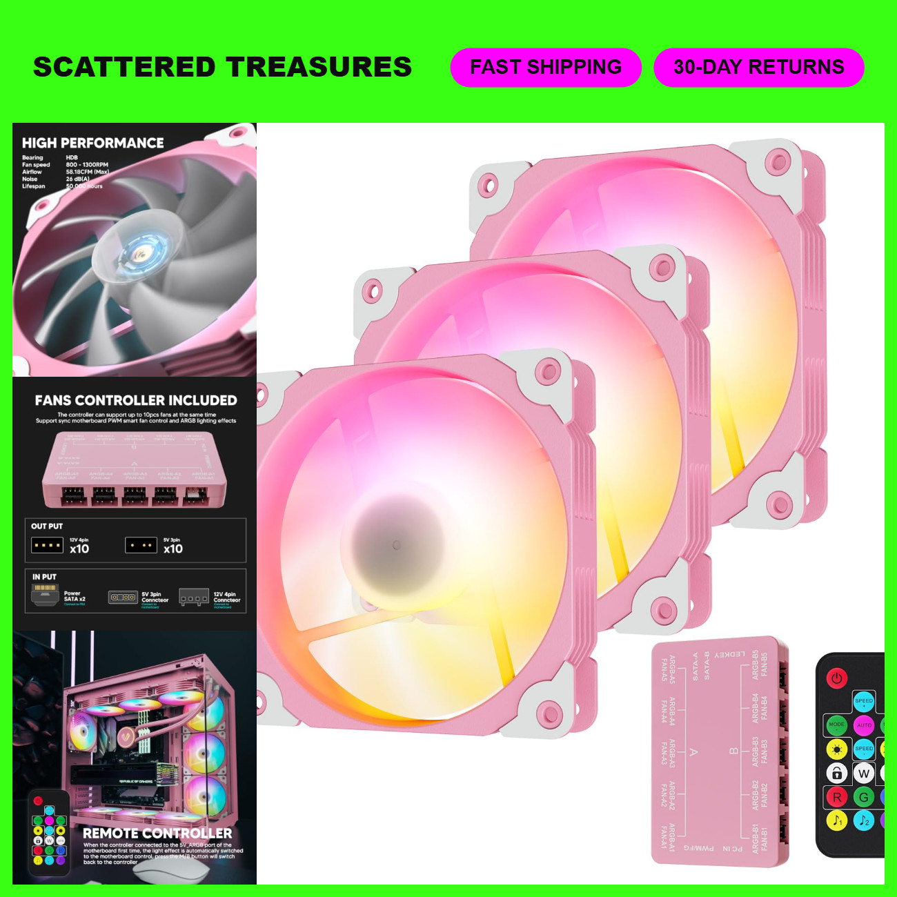 3-Pack 120mm ARGB Pink PC Case Fans for Gaming, Quiet Cooling, LED Lighting