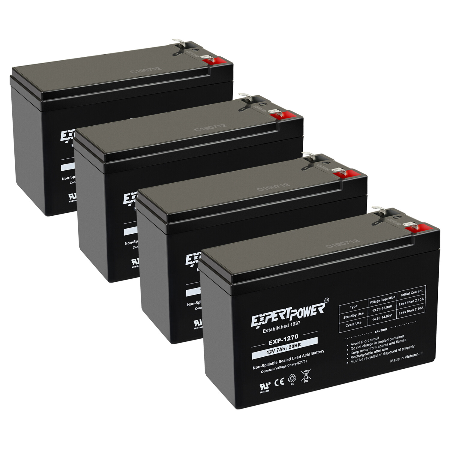 Set of 4 - 12V 7AH/20HR Battery ExpB Replacement for 7Ah or 8Ah Leoch Peg Perego