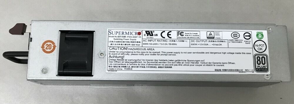 Supermicro (PWS-606P-1R) 1U 80Plus Platinum 600W Switching Power Supply
