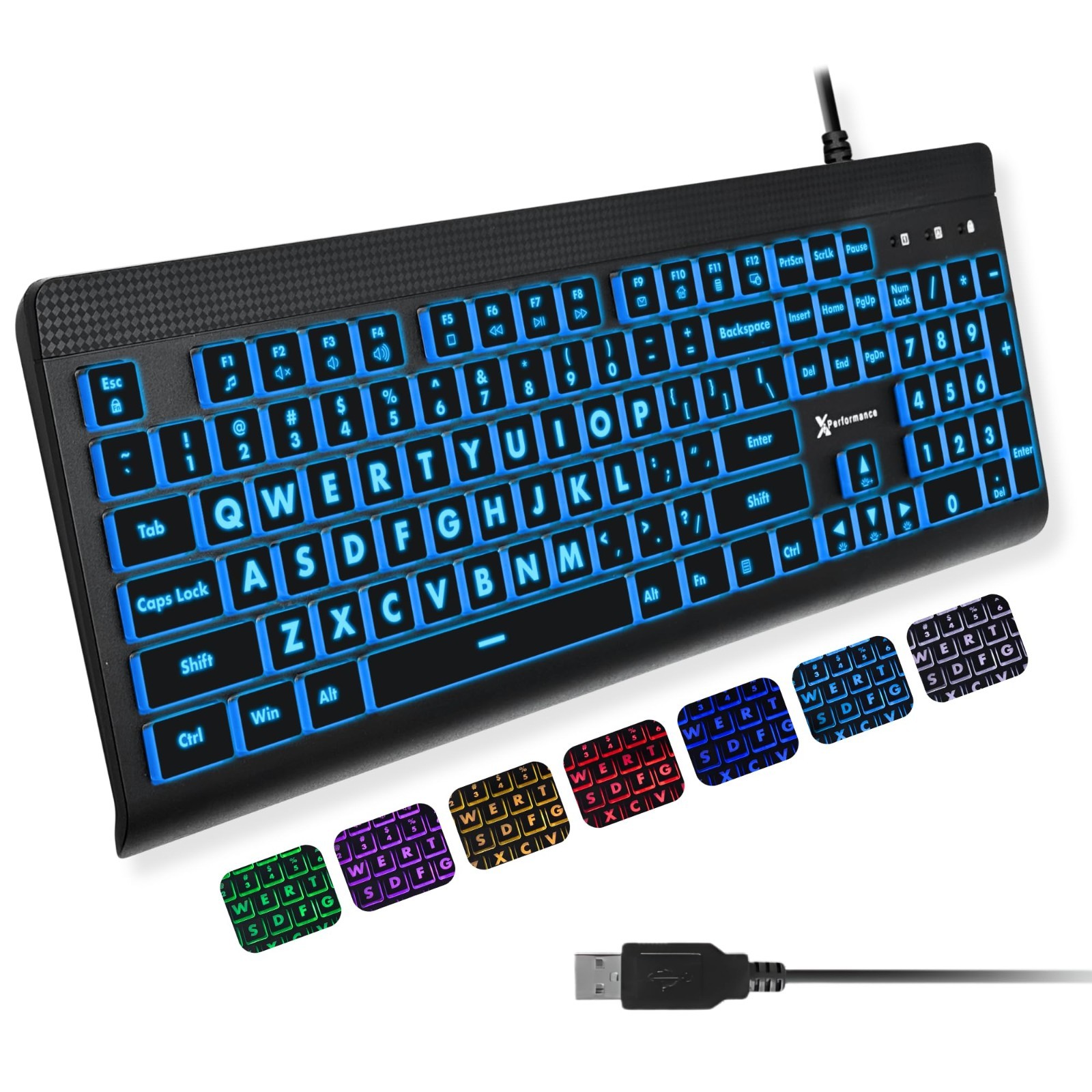 Large Print Backlit USB Keyboard - Oversized Light Up Keys, 7-Color LED, PC/Lapt