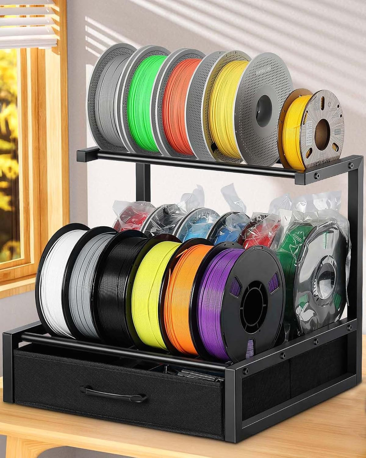 2-Tier Desktop Filament Storage Rack with Fabric Drawer - 3D Printer Filament Sp