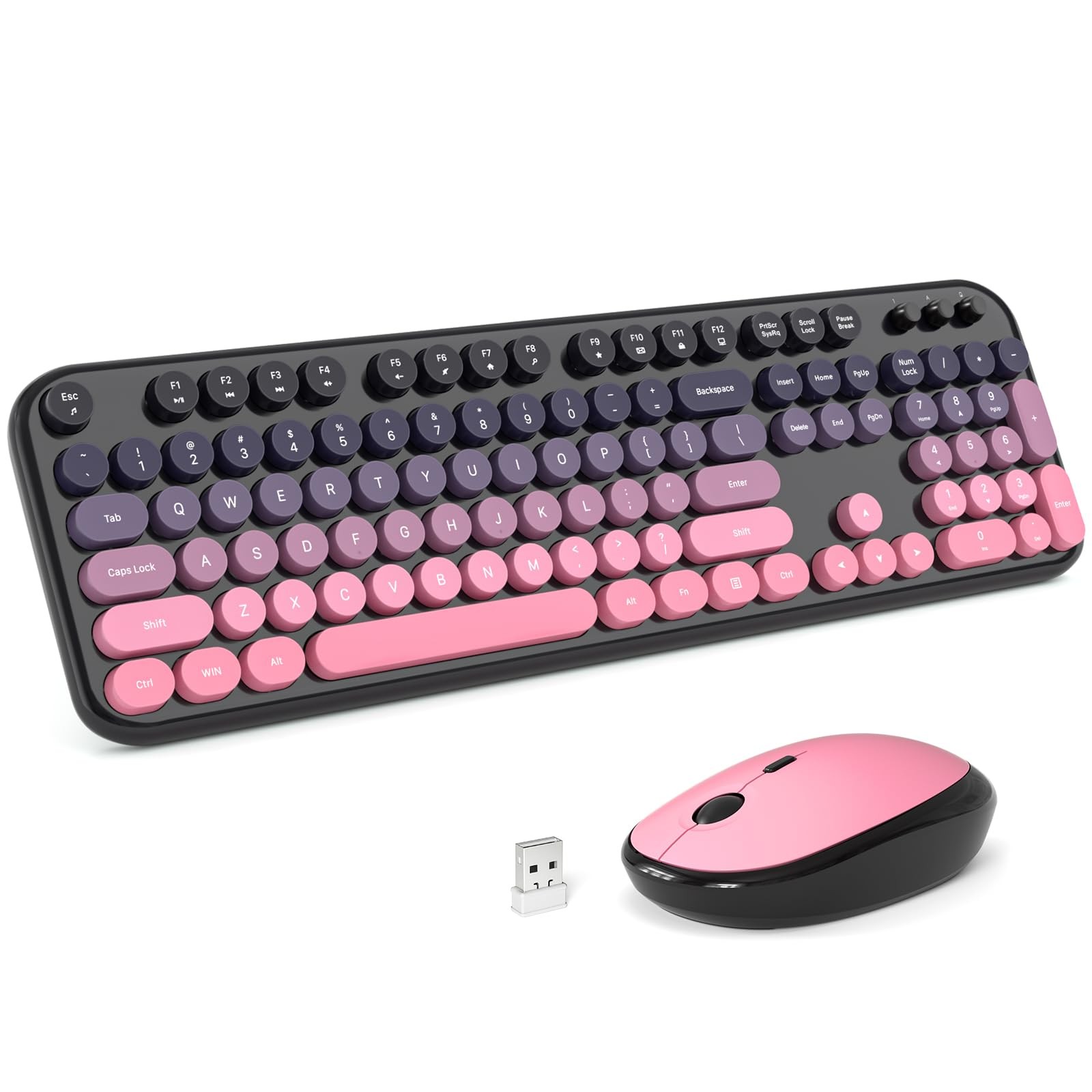 Cherry Pink Rainbow Wireless Keyboard Mouse Combo Retro Typewriter Round PC